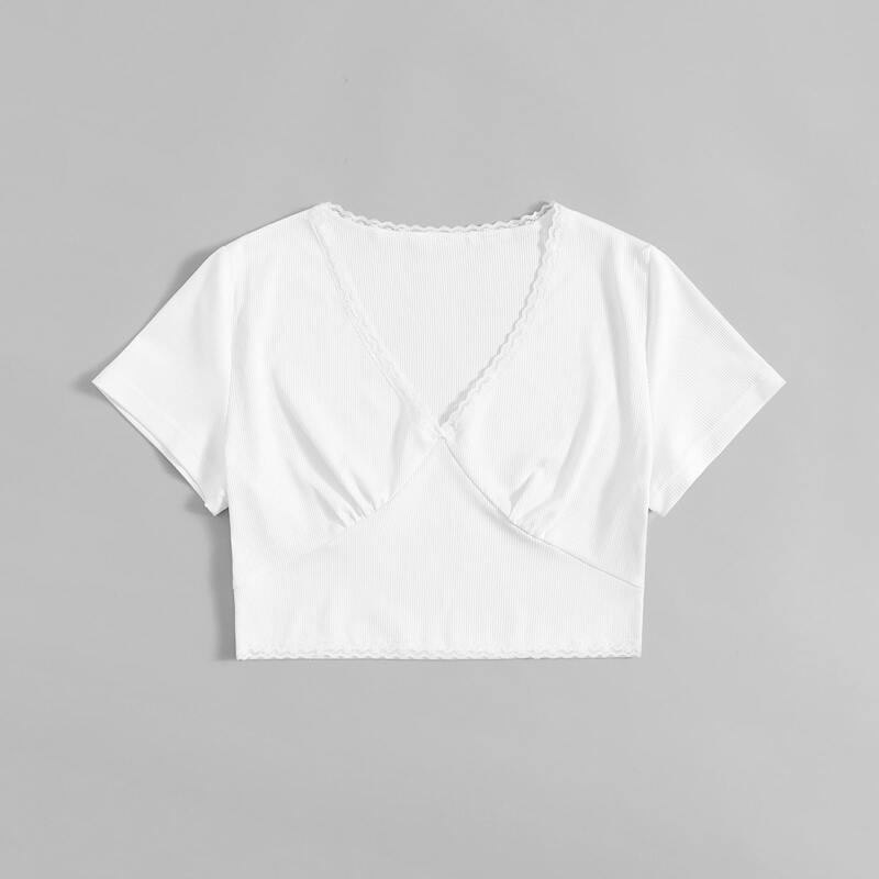 

Solid Lace Trim Tee, White