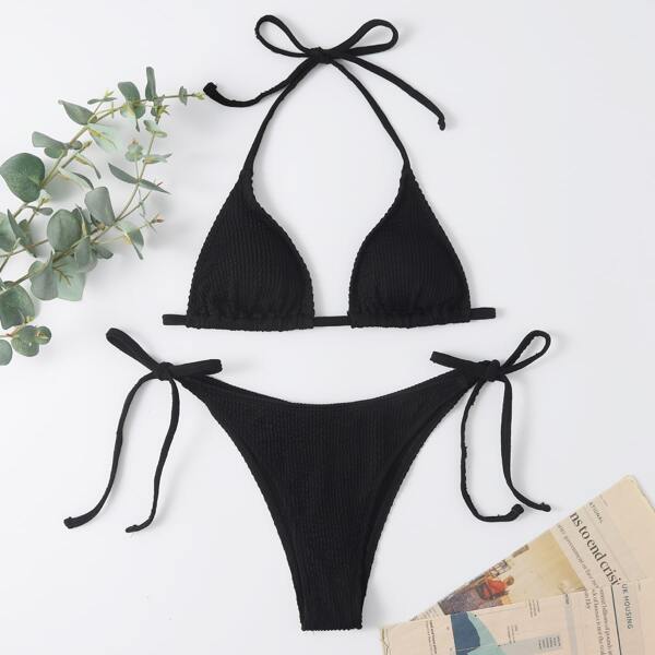 

Textured Halter Thong Bikini Swimsuit, Black
