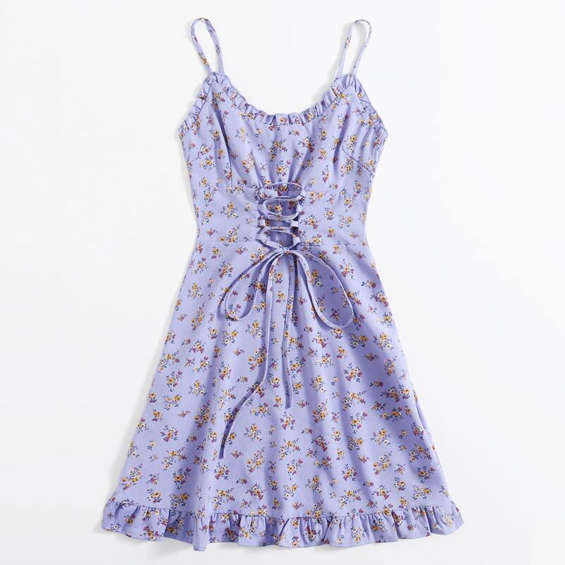 

Ditsy Floral Lace Up Dress, Purple