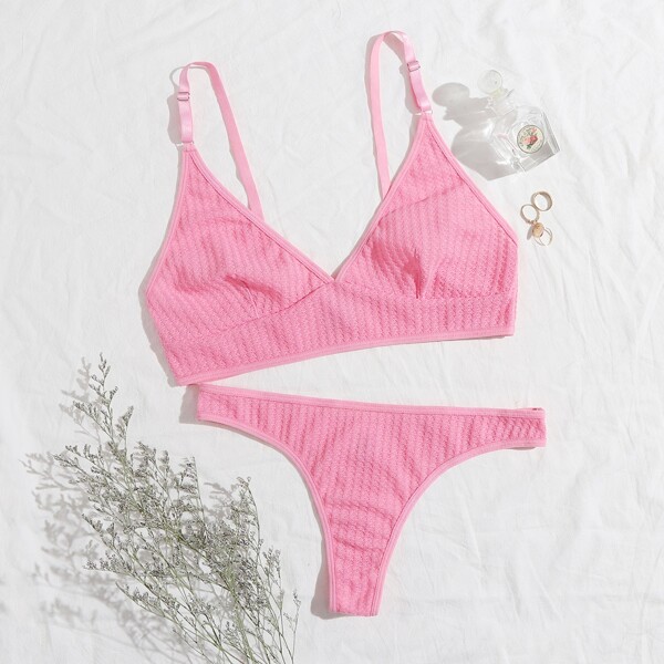 

Solid Textured Lingerie Set, Pink