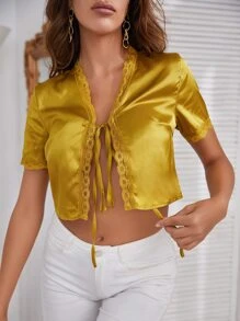 SHEIN Privé Áo nữ Tương phản ren màu trơn Gợi cảm - Màu Mù tạt vàng - Xem 3