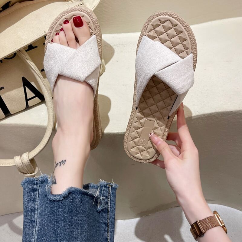 

Twist Band Slide Sandals, Beige