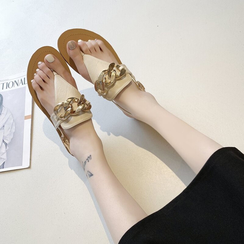 

Chain Toe Post Slingback Sandals, Beige