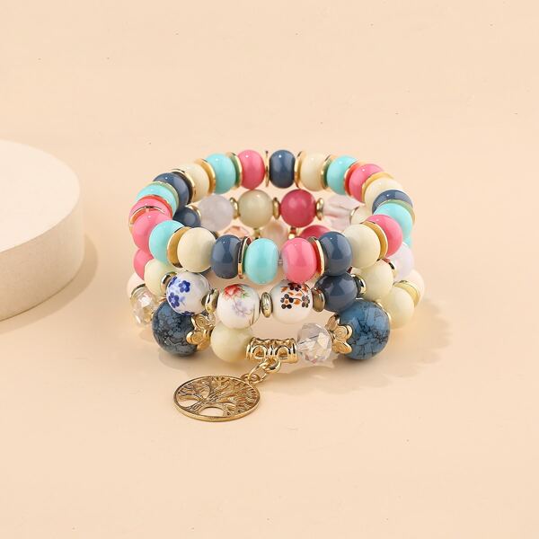 

3pcs Tree Charm Beaded Bracelet, Multicolor