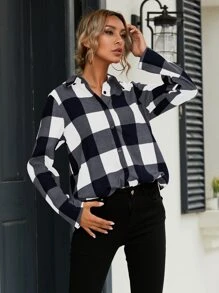 SHEIN LUNE 格紋圖案紐扣前短後長下擺襯衫 - 藍白色 - 查看 3