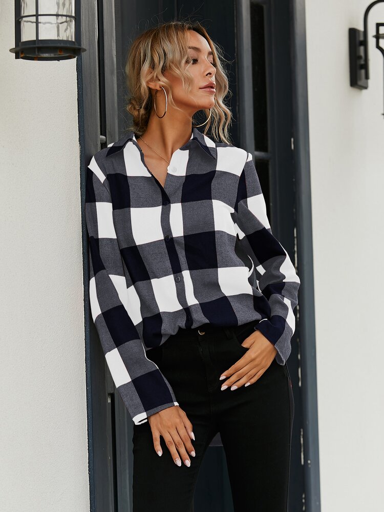SHEIN LUNE Gingham Print Button Front High Low Hem Blouse - Blue and White - View 4