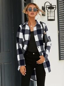 SHEIN LUNE 格紋圖案紐扣前短後長下擺襯衫 - 藍白色 - 查看 5
