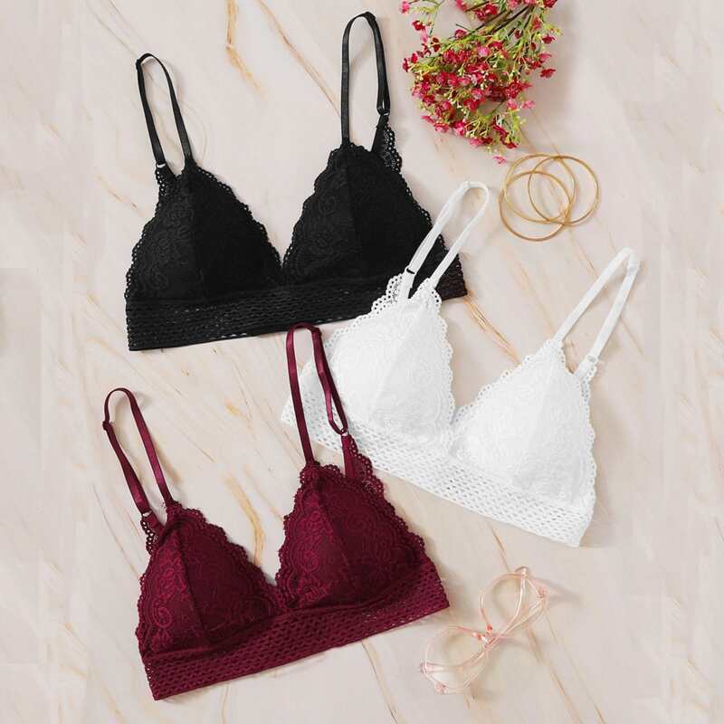 

3pack Scallop Trim Lace Bra Set, Multicolor