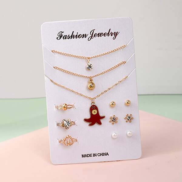 

12pcs Girls Faux Pearl & Flower Decor Jewelry Set, Gold