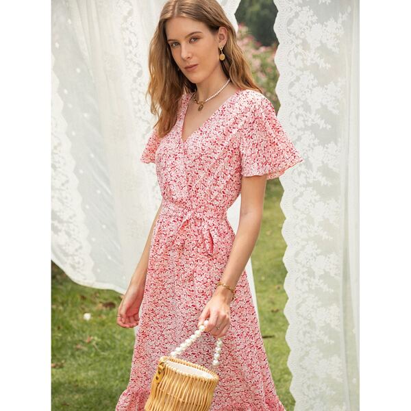 

Floral Print Belted Ruffle Hem Dress, Coral pink