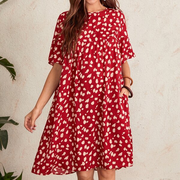 

Flounce Sleeve Dalmatian Print Smock Dress, Multicolor