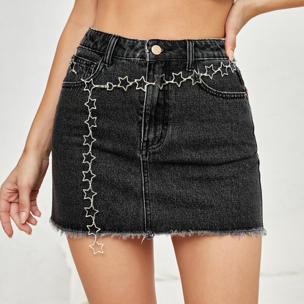 

Raw Hem Mini Denim Skirt Without Chain, Dark grey