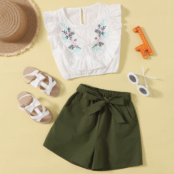 

Toddler Girls Floral Embroidery Ruffle Top With Belted Shorts, Multicolor