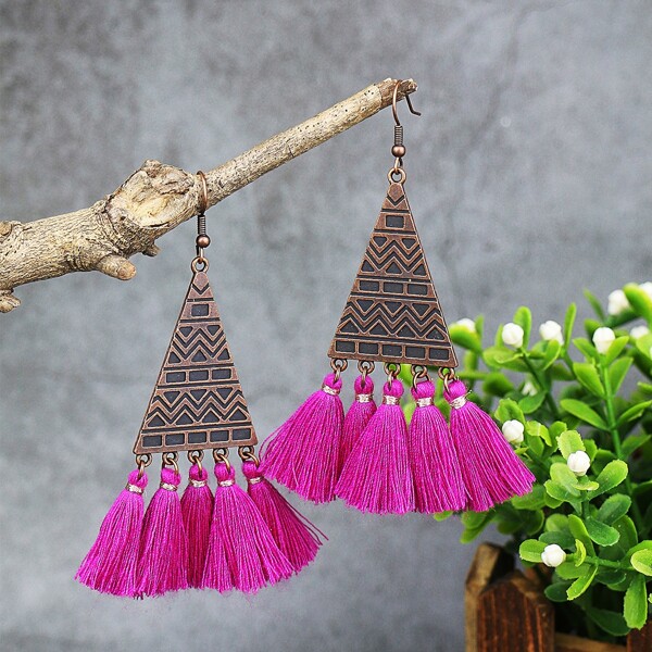 

Tassel Charm Geometric Drop Earrings, Hot pink