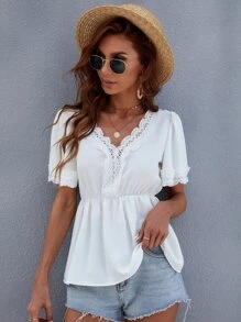 SHEIN Unity Blusa Con Encaje Contrastante Y Dobladillo Con Volantes - Blanco - Ver 4