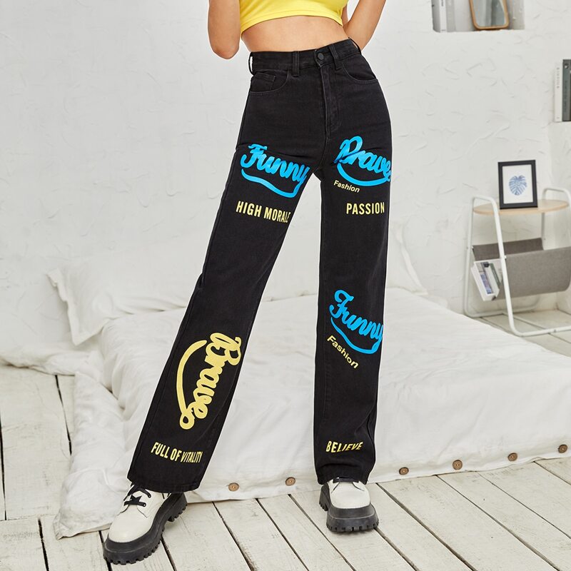 

High Waist Slogan Graphic Straight Jeans, Black