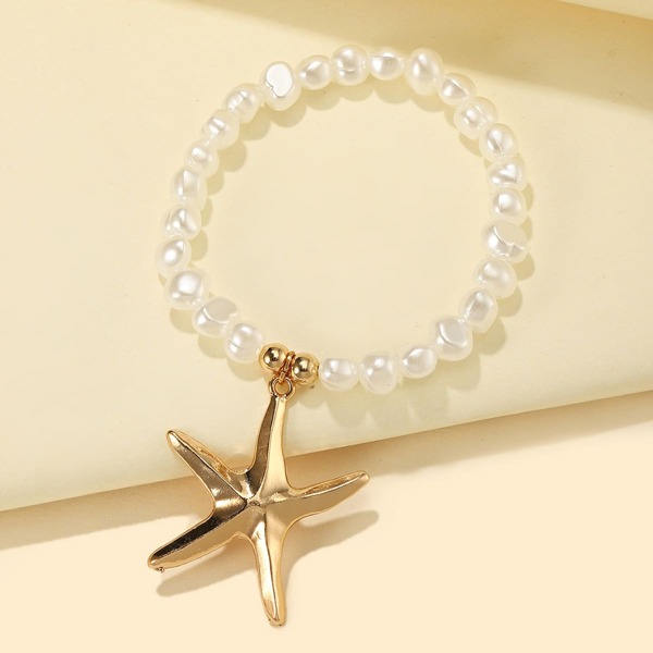 

Starfish Charm Faux Pearl Beaded Bracelet, White
