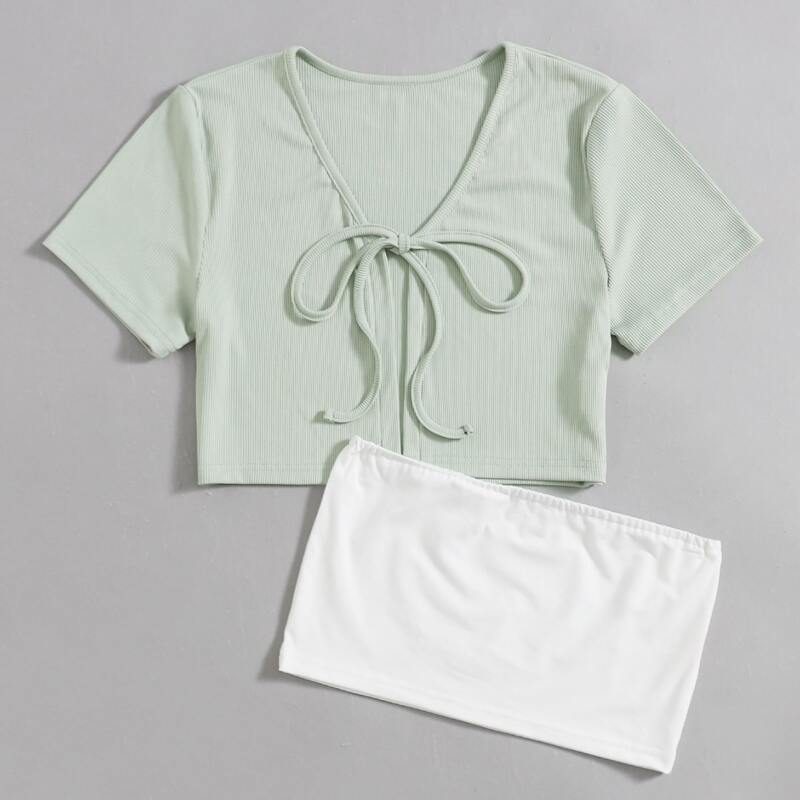 

Solid Crop Tube Top & Tie Front Top, Multicolor