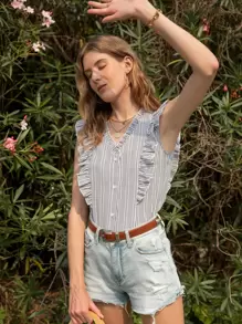 Breezaya Stripe Ruffle Trim Button Up Blouse