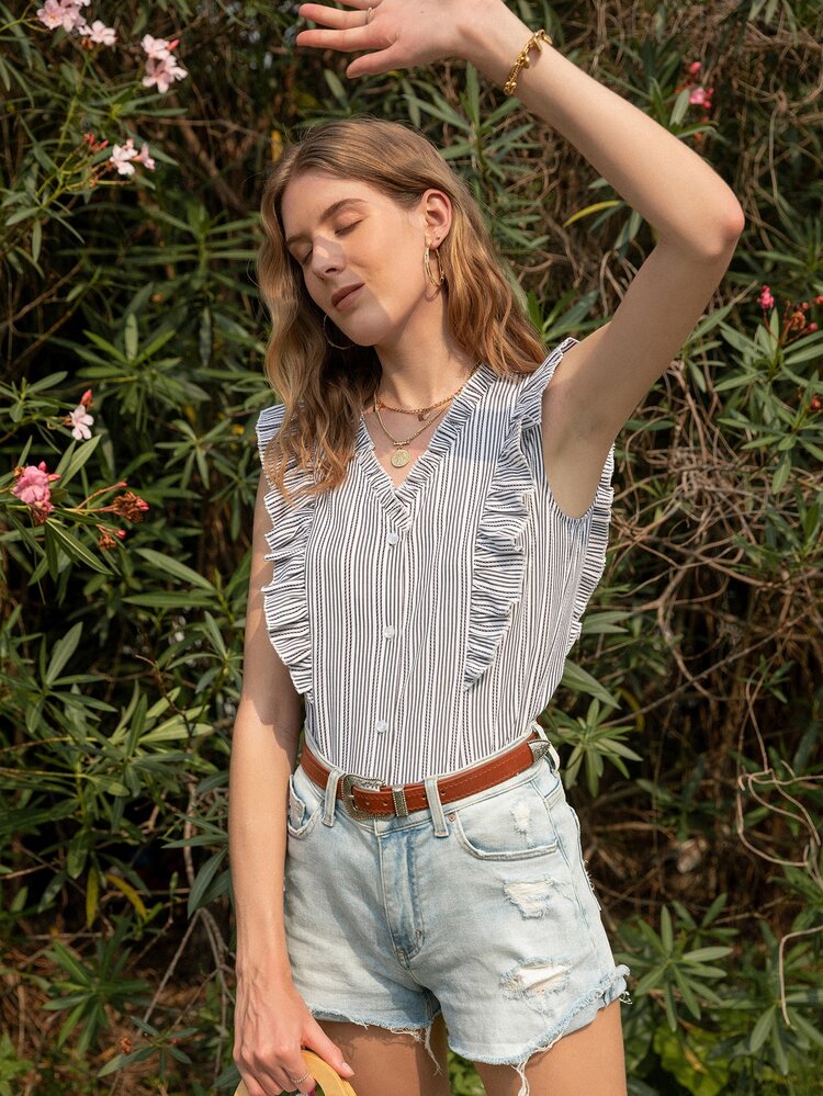 Stripe Ruffle Trim Button Up Blouse