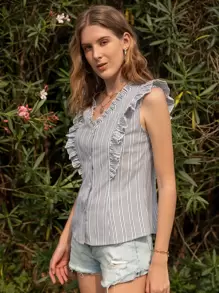 Breezaya Stripe Ruffle Trim Button Up Blouse