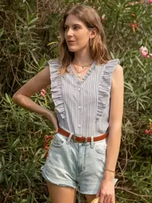 Breezaya Stripe Ruffle Trim Button Up Blouse