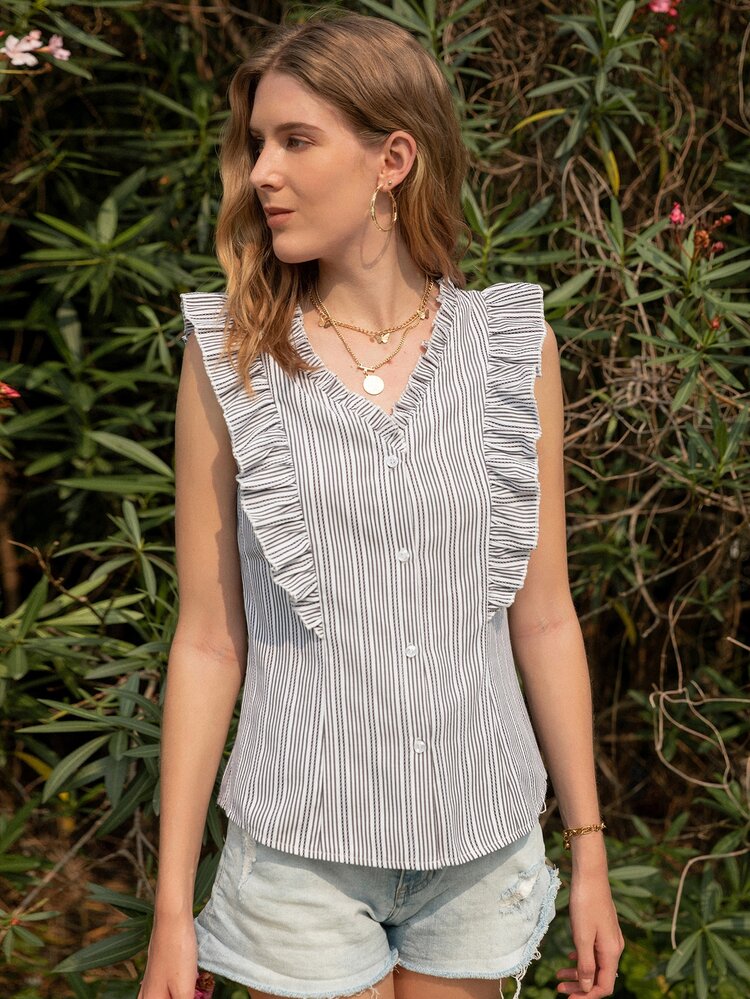 Stripe Ruffle Trim Button Up Blouse