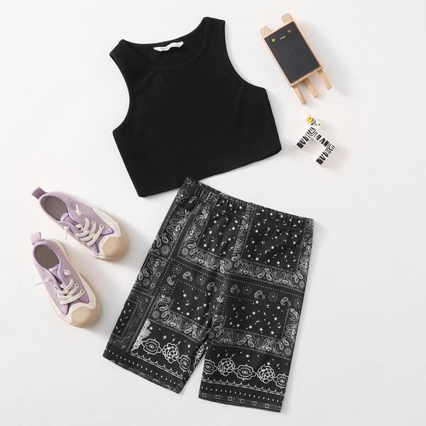 

Girls Rib-knit Tank Top & Paisley Shorts Set, Black