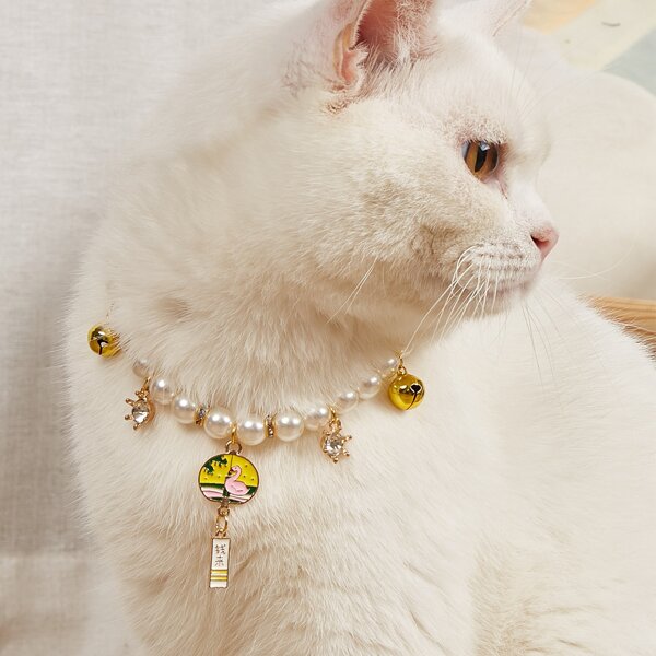 

1pc Pearl Beaded Bell Pet Necklace, Yellow
