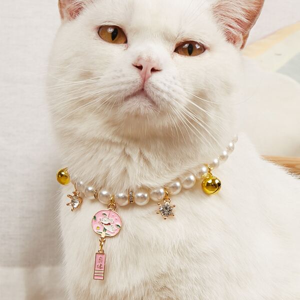 

1pc Pearl Beaded Bell Pet Necklace, Pink