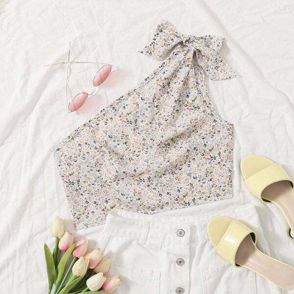 

One Shoulder Knot Detail Ditsy Floral Top, Multicolor