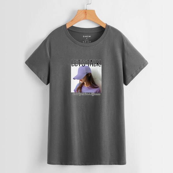 

Slogan & Figure Graphic Tee, Dark grey