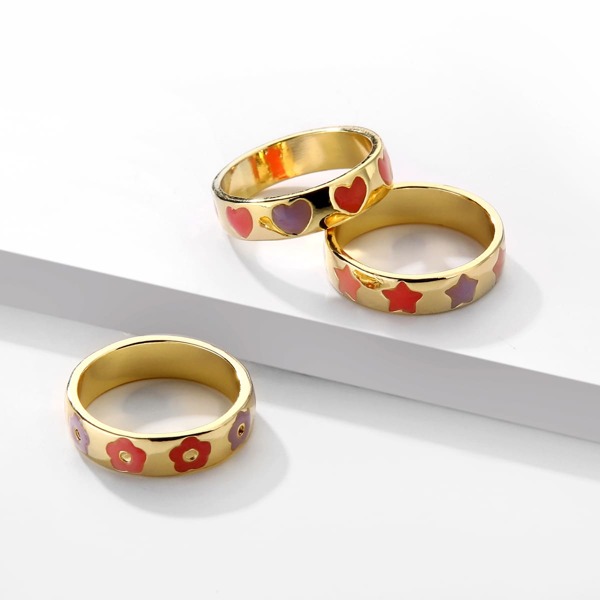 

3pcs Heart & Star Pattern Ring, Gold