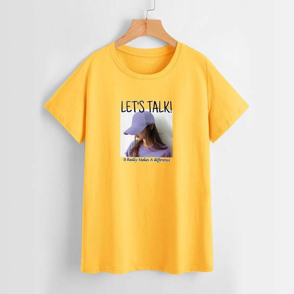 

Slogan & Figure Graphic Tee, Yellow