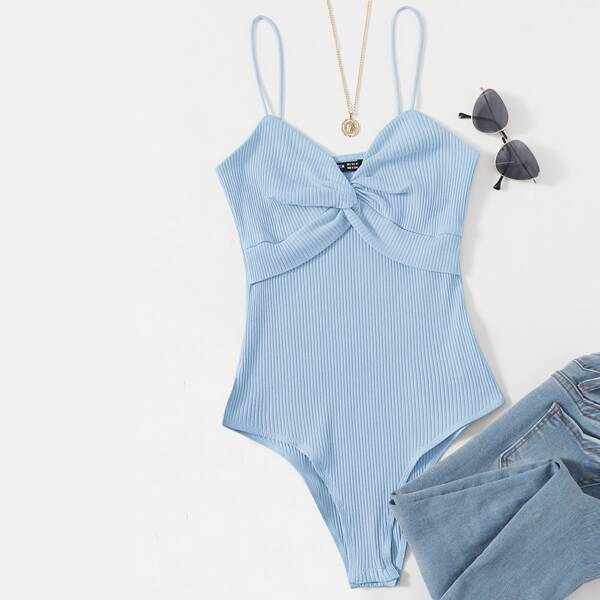

Twist Front Rib-knit Slip Bodysuit, Baby blue