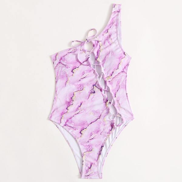 

Lace-up One Shoulder One Piece Swimsuit, Pink