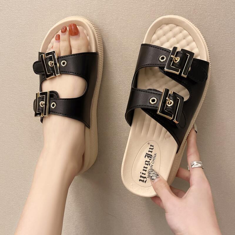 

Buckle Strap Flatform Slide Sandals, Black