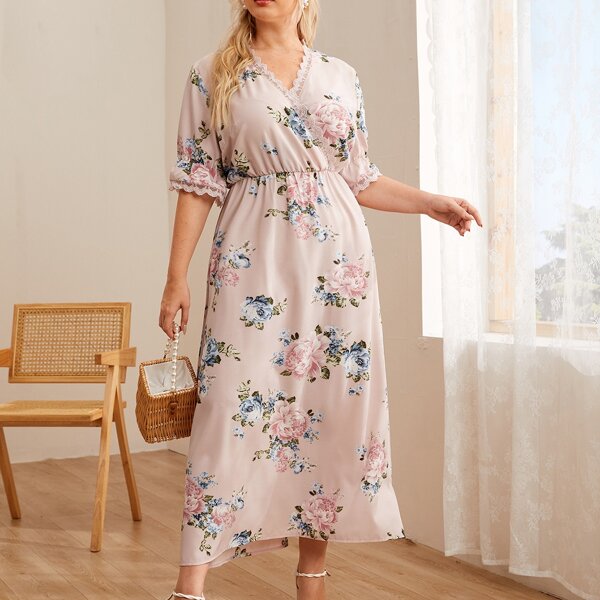

Plus Floral Print Lace Trim Dress, Baby pink