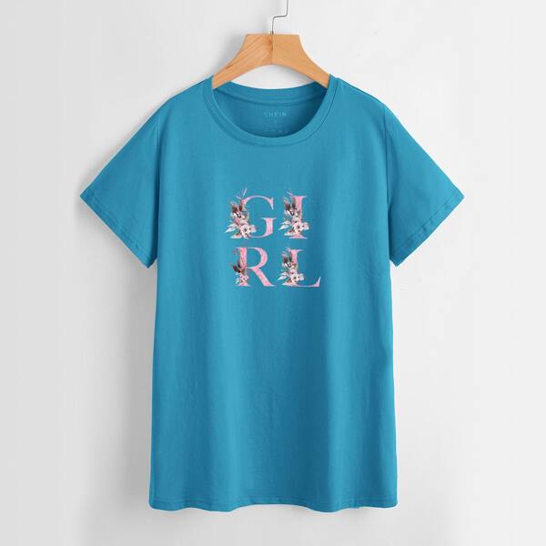 

Floral & Letter Graphic Tee, Blue