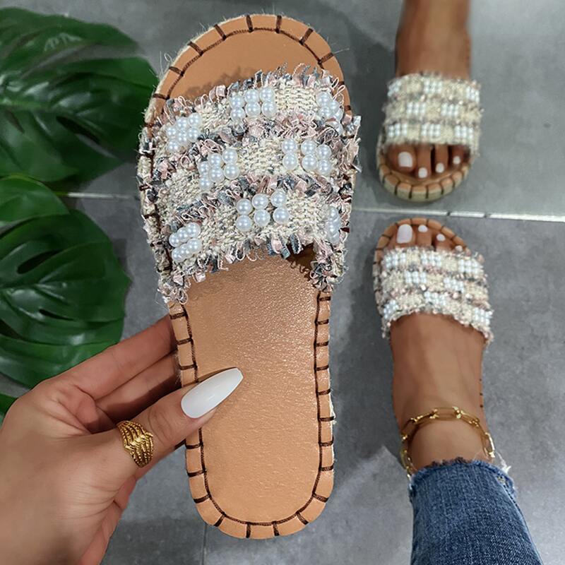 

Faux Pearl Band Slide Sandals, Multicolor