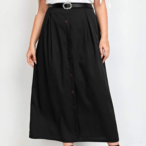 

Plus Button Front Belted Skirt, Black