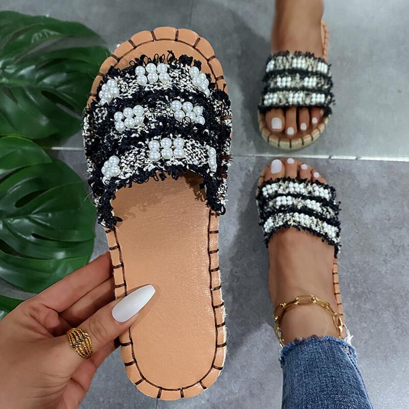 

Faux Pearl Band Slide Sandals, Black and white