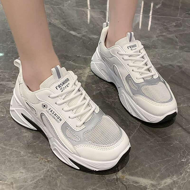 

Lace-up Mesh Chunky Sneakers, Beige