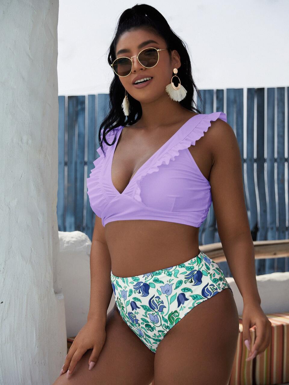Plus Size Floral Print Ruffle Trim Bikini Set Summer Beach