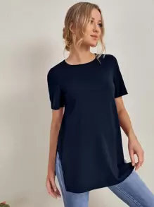 SHEIN 孕婦裝側開衩素色t恤 - 藏蓝色 - 查看 3