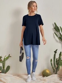 SHEIN 孕婦裝側開衩素色t恤 - 藏蓝色 - 查看 4