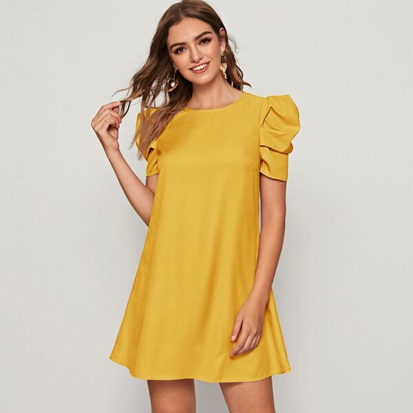 

Puff Sleeve Keyhole Back Tunic Dress, Mustard yellow