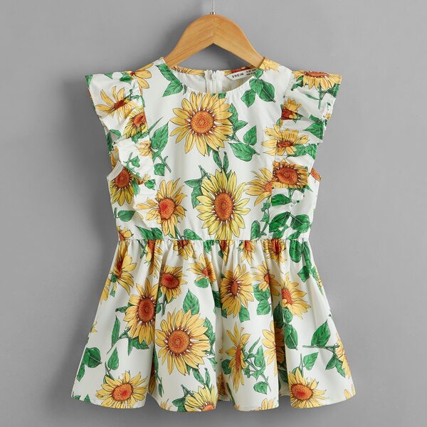 

Girls Allover Sunflower Print Ruffle Armhole Peplum Top, Multicolor