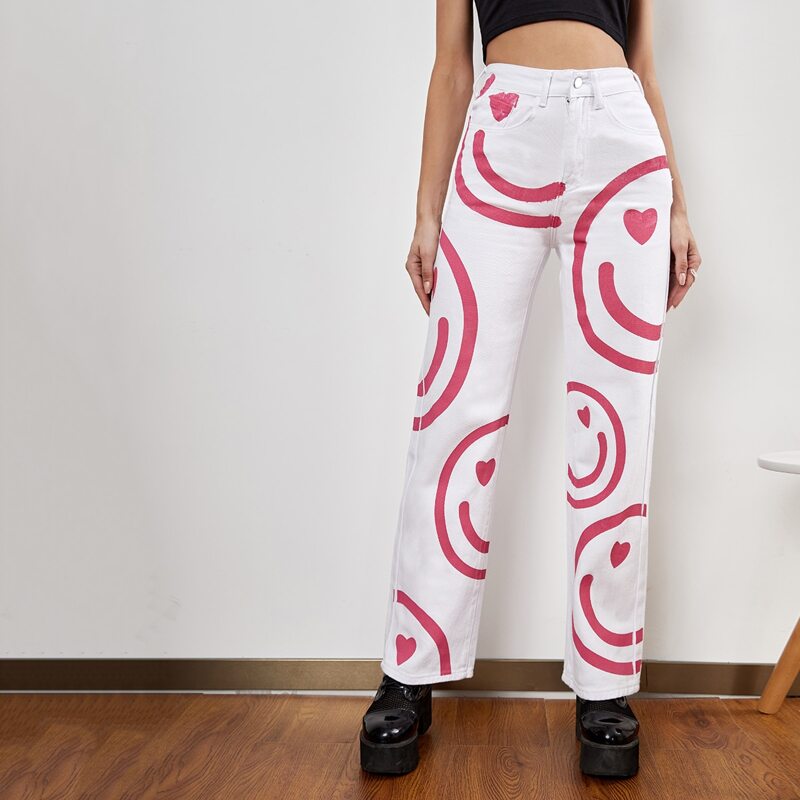 

High Waist Cartoon Graphic Straight Jeans, White