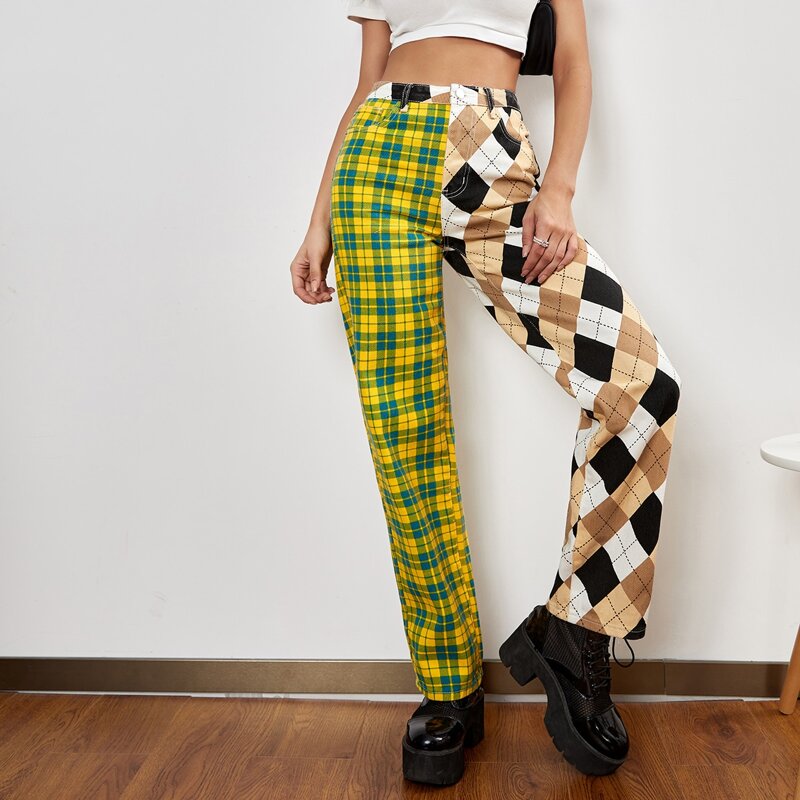 

High Waist Argyle & Tartan Jeans, Multicolor